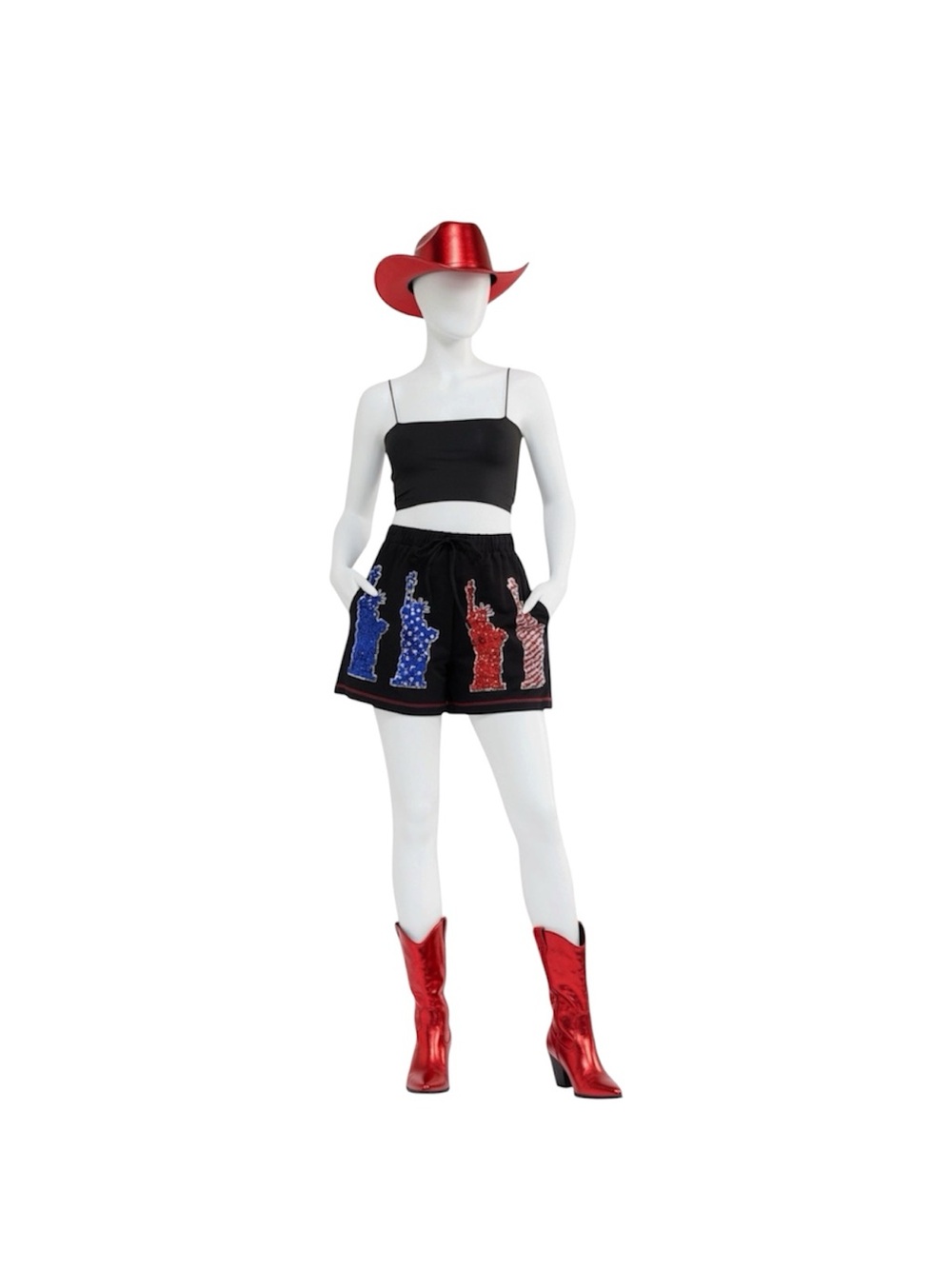FANTASTIC FAWN black drawstring elastic waist patriotic shorts S M L
